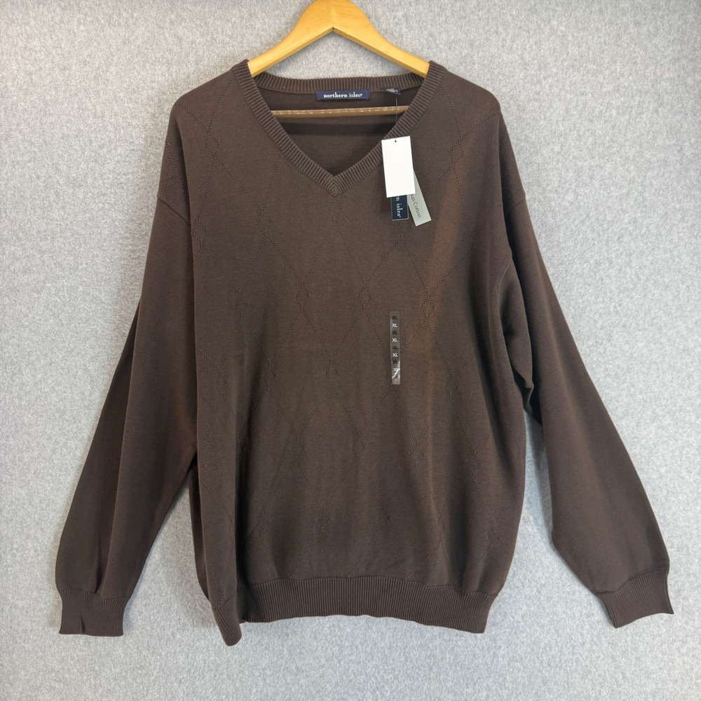 Northern Isles V-Neck Sweater‎ Brown Diamond Knit Pullover Mens Size XL FLAWED